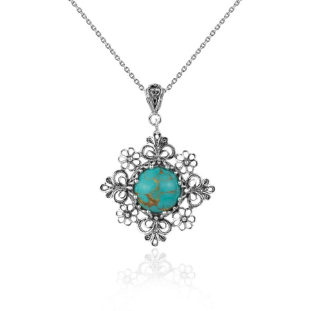 Filigree Art Turquoise Gemstone Daisy Design Women Silver Pendant Necklace - Drakoi Marketplace