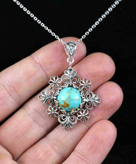 Filigree Art Turquoise Gemstone Daisy Design Women Silver Pendant Necklace - Drakoi Marketplace