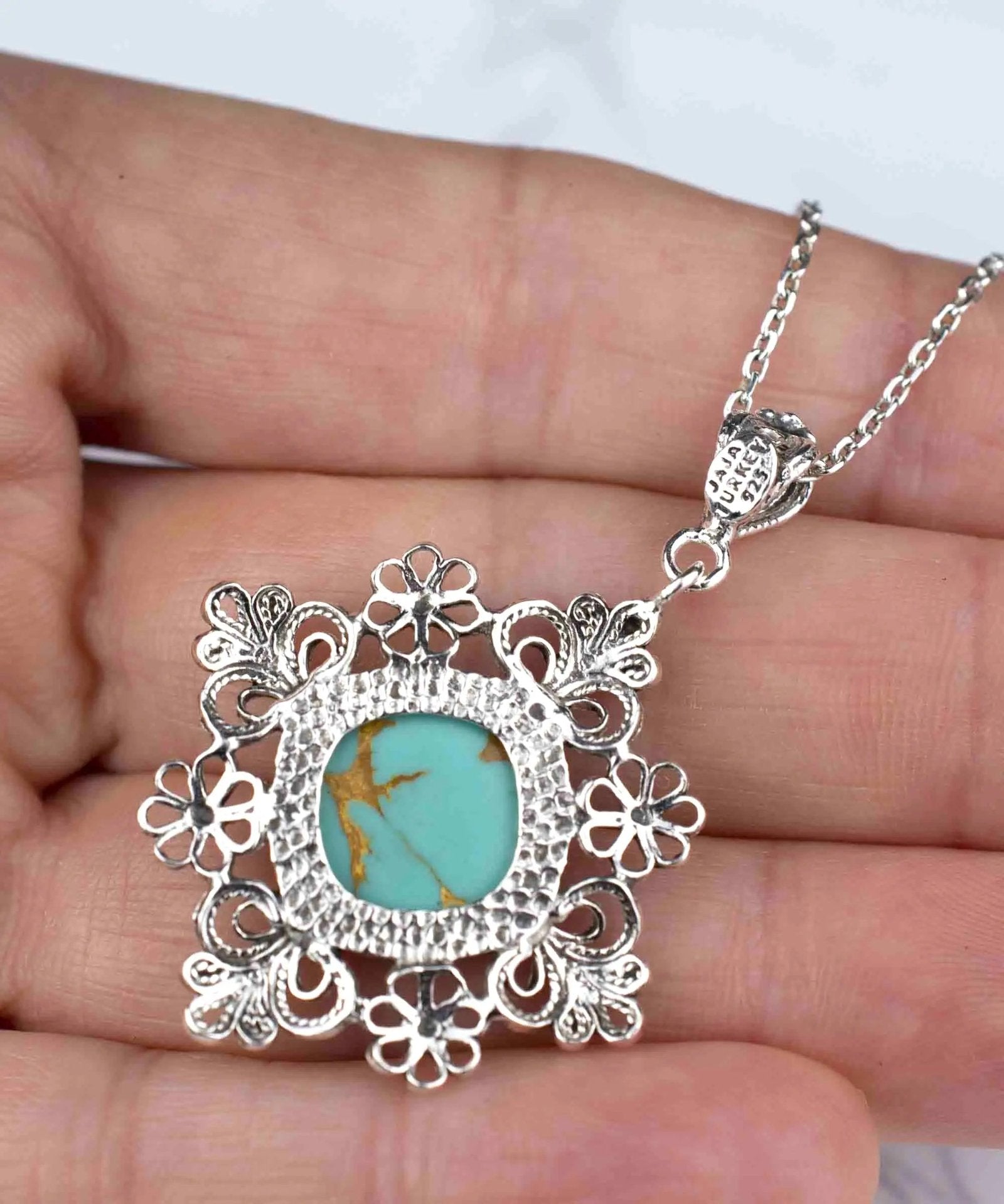 Filigree Art Turquoise Gemstone Daisy Design Women Silver Pendant Necklace - Drakoi Marketplace