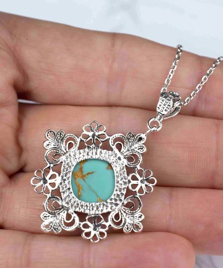 Filigree Art Turquoise Gemstone Daisy Design Women Silver Pendant Necklace - Drakoi Marketplace