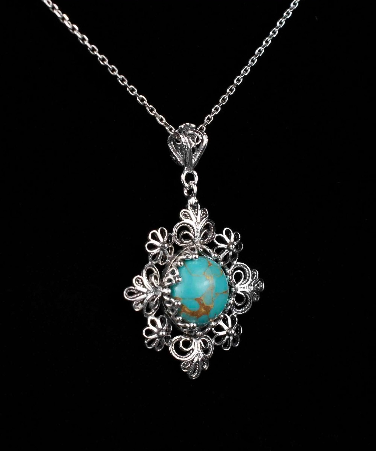 Filigree Art Turquoise Gemstone Daisy Design Women Silver Pendant Necklace - Drakoi Marketplace