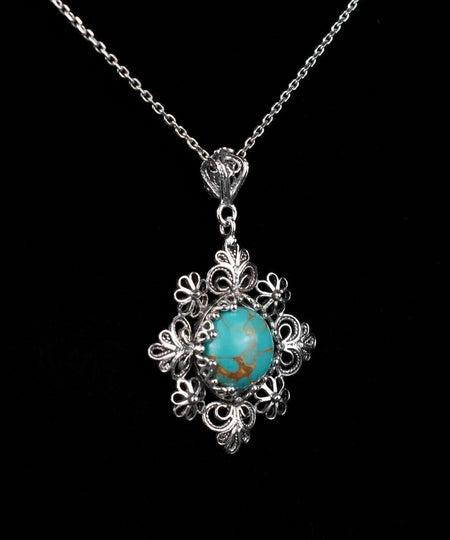 Filigree Art Turquoise Gemstone Daisy Design Women Silver Pendant Necklace - Drakoi Marketplace