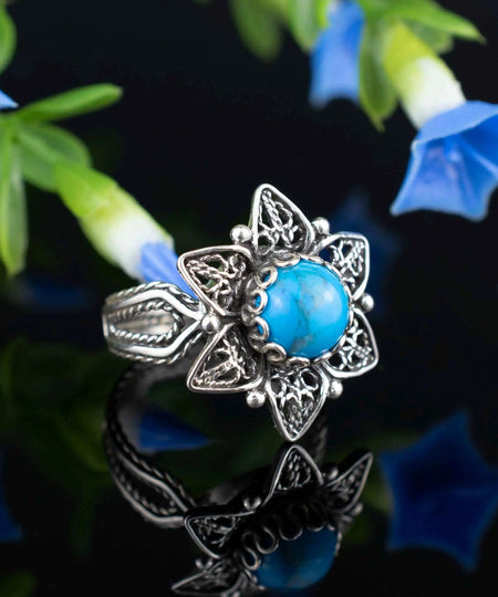 Filigree Art Turquoise Gemstone Daisy Flower Women Silver Cocktail Ring - Drakoi Marketplace