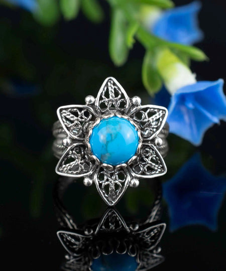 Filigree Art Turquoise Gemstone Daisy Flower Women Silver Cocktail Ring - Drakoi Marketplace