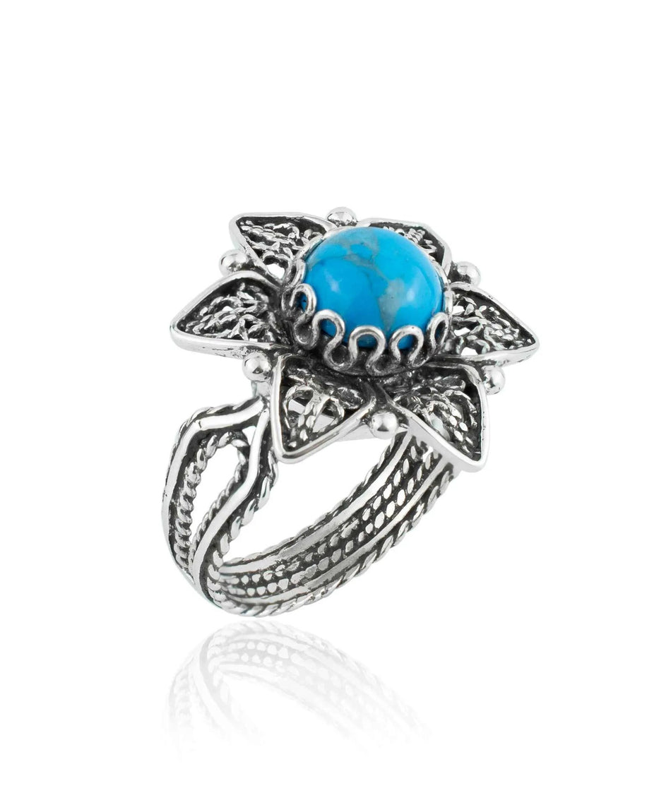 Filigree Art Turquoise Gemstone Daisy Flower Women Silver Cocktail Ring - Drakoi Marketplace