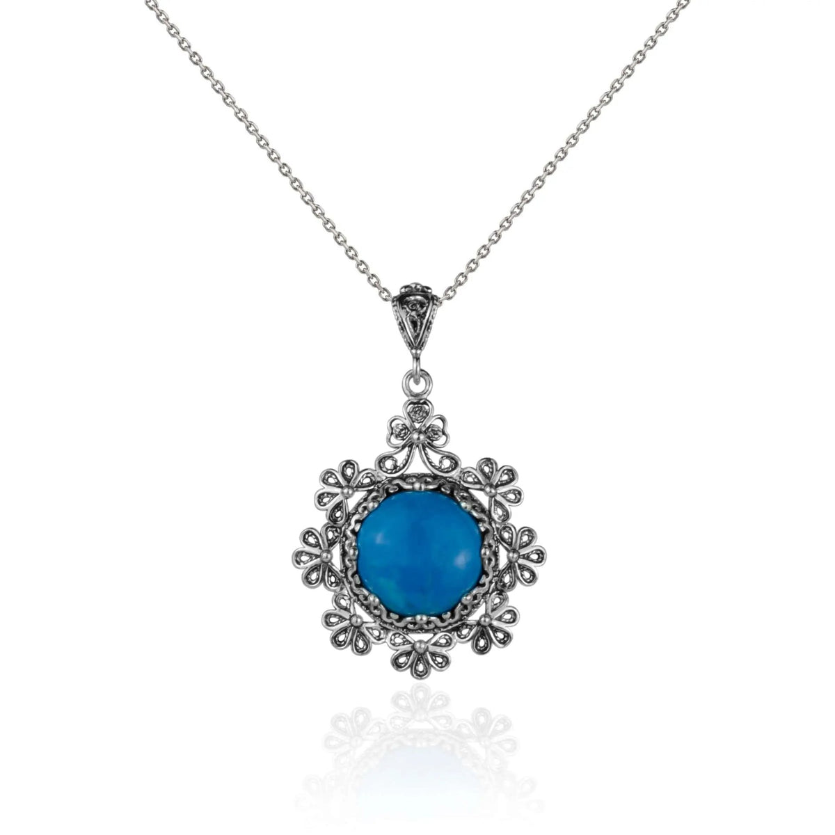 Filigree Art Turquoise Gemstone Floral Design Women Silver Pendant Necklace - Drakoi Marketplace