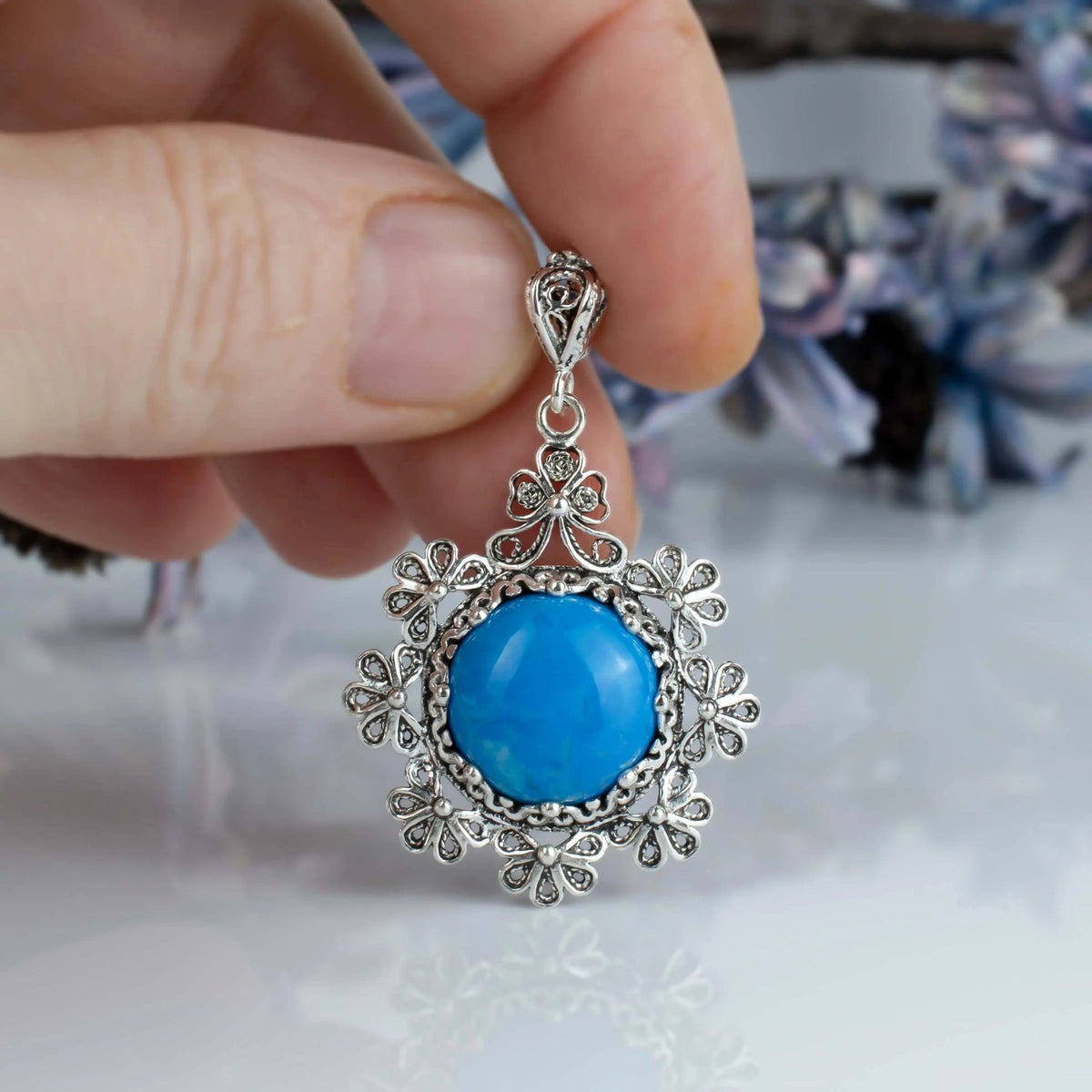 Filigree Art Turquoise Gemstone Floral Design Women Silver Pendant Necklace - Drakoi Marketplace