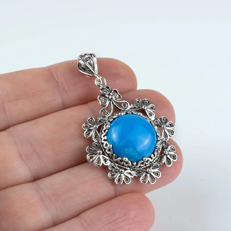 Filigree Art Turquoise Gemstone Floral Design Women Silver Pendant Necklace - Drakoi Marketplace