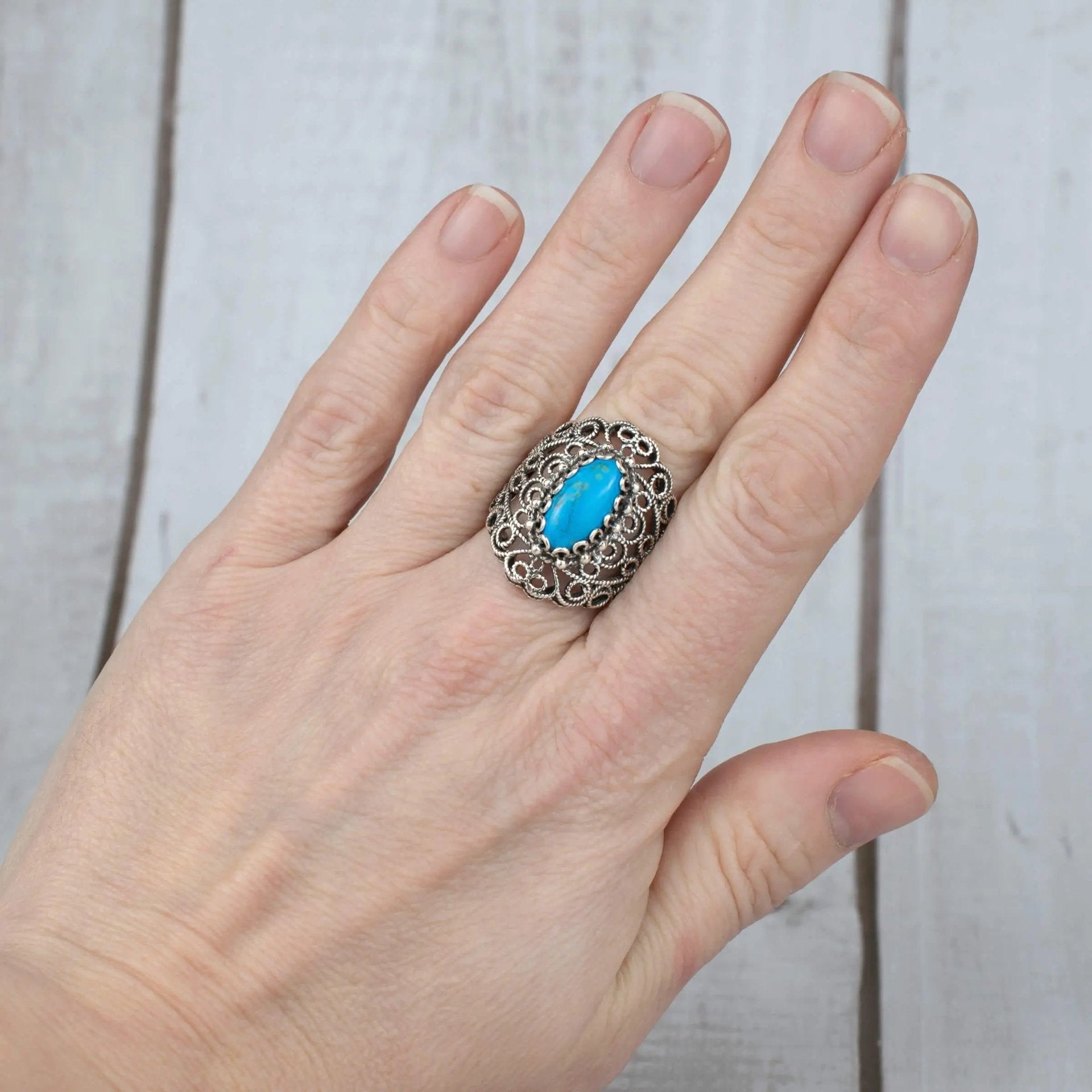 Filigree Art Turquoise Gemstone Lace Detailed Women Silver Statement Ring - Drakoi Marketplace