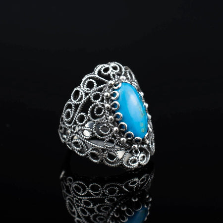 Filigree Art Turquoise Gemstone Lace Detailed Women Silver Statement Ring - Drakoi Marketplace