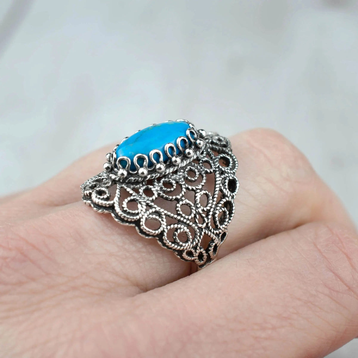 Filigree Art Turquoise Gemstone Lace Detailed Women Silver Statement Ring - Drakoi Marketplace