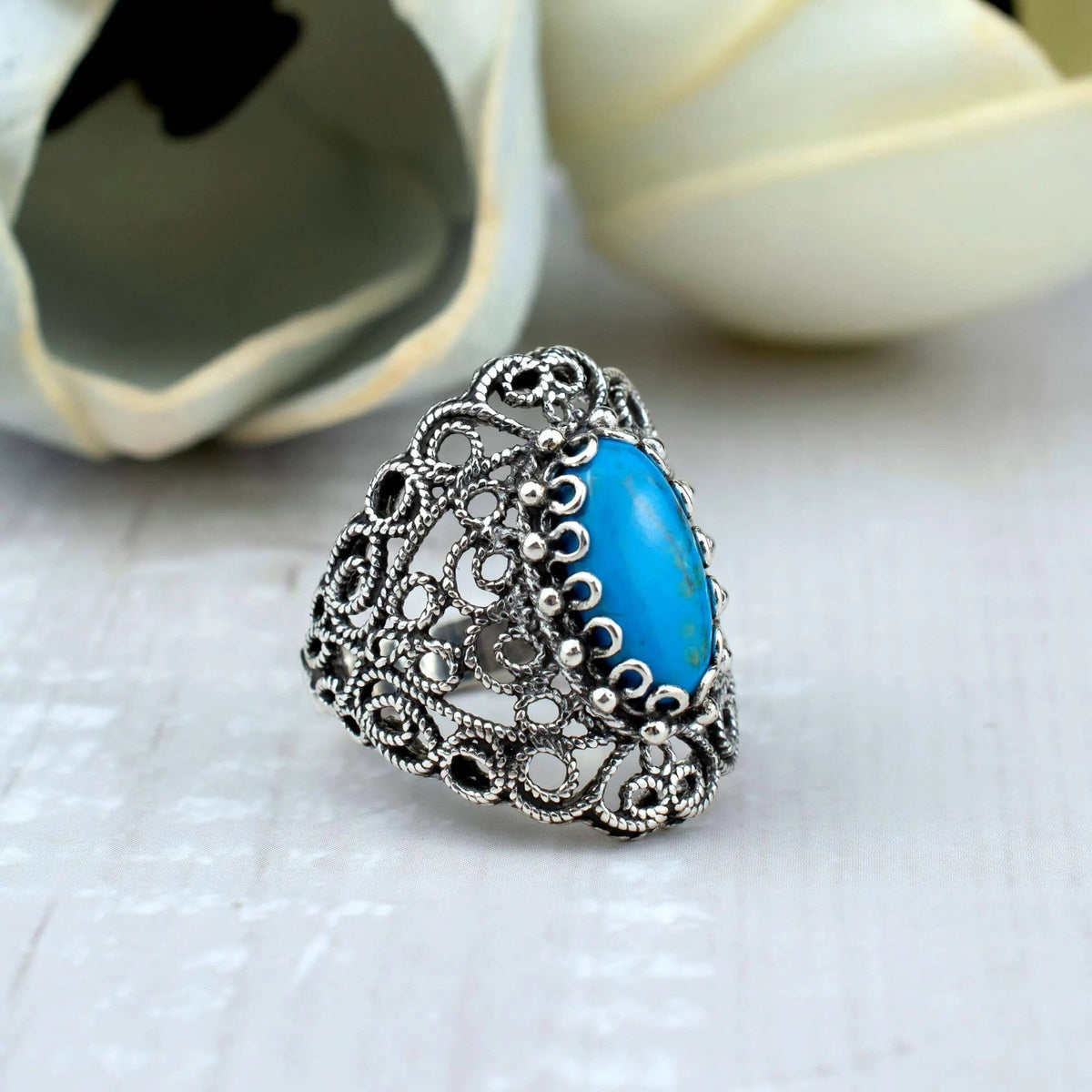 Filigree Art Turquoise Gemstone Lace Detailed Women Silver Statement Ring - Drakoi Marketplace