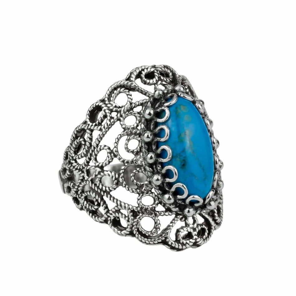 Filigree Art Turquoise Gemstone Lace Detailed Women Silver Statement Ring - Drakoi Marketplace