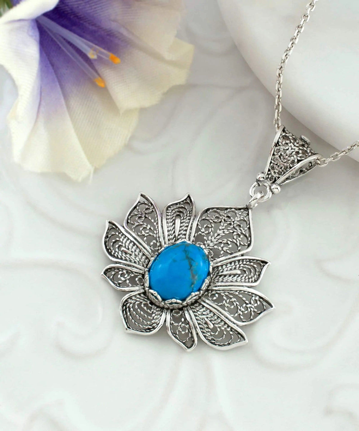 Filigree Art Turquoise Gemstone Lotus Flower Women Silver Pendant Necklace - Drakoi Marketplace