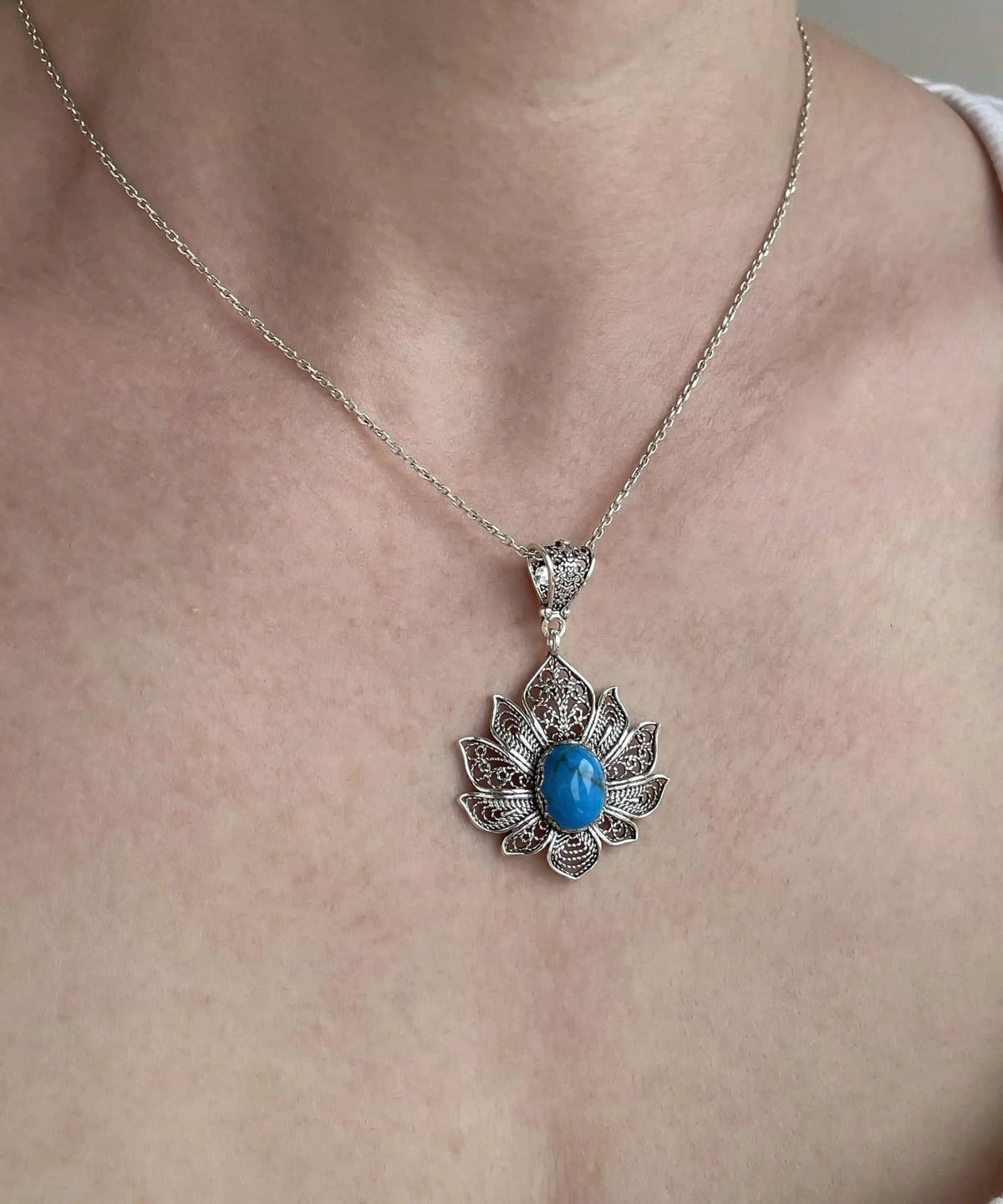 Filigree Art Turquoise Gemstone Lotus Flower Women Silver Pendant Necklace - Drakoi Marketplace