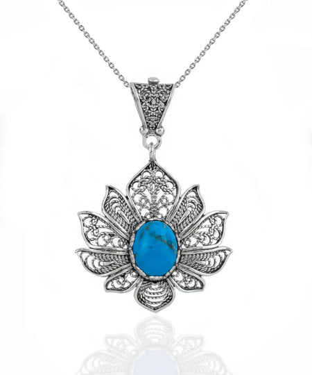 Filigree Art Turquoise Gemstone Lotus Flower Women Silver Pendant Necklace - Drakoi Marketplace