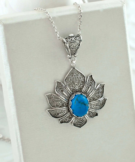 Filigree Art Turquoise Gemstone Lotus Flower Women Silver Pendant Necklace - Drakoi Marketplace