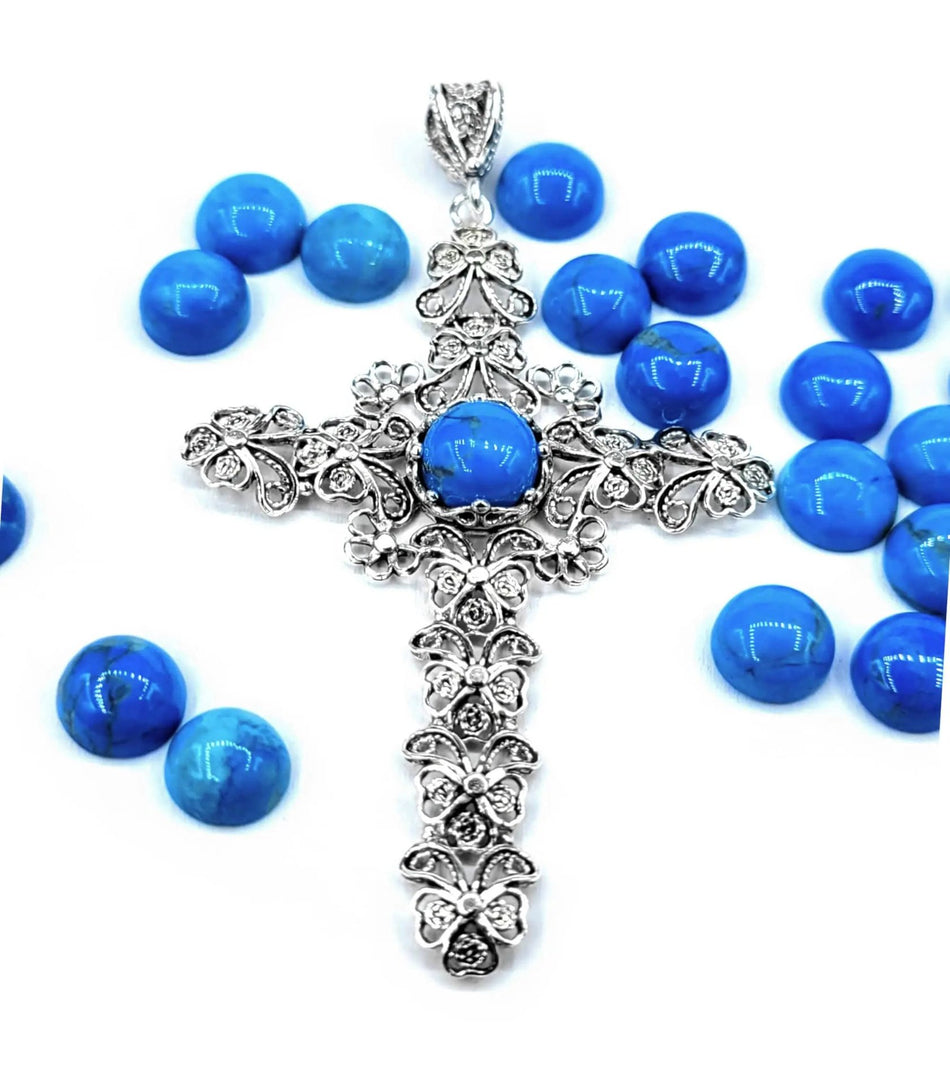 Filigree Art Turquoise Gemstone Silver Cross Design Women Pendant Necklace - Drakoi Marketplace