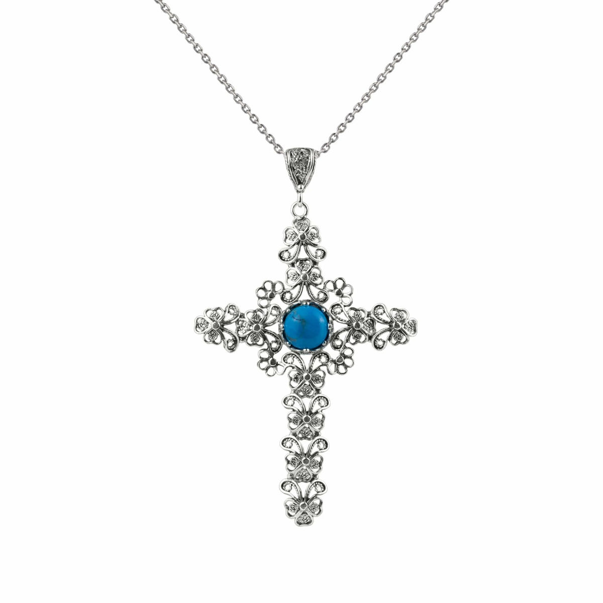 Filigree Art Turquoise Gemstone Silver Cross Design Women Pendant Necklace - Drakoi Marketplace