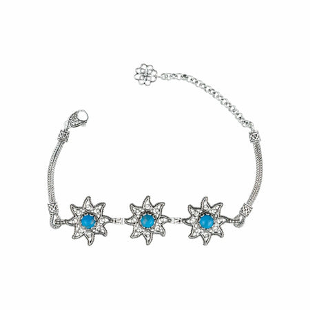 Filigree Art Turquoise Gemstone Star Figured Women Silver Link Bracelet - Drakoi Marketplace