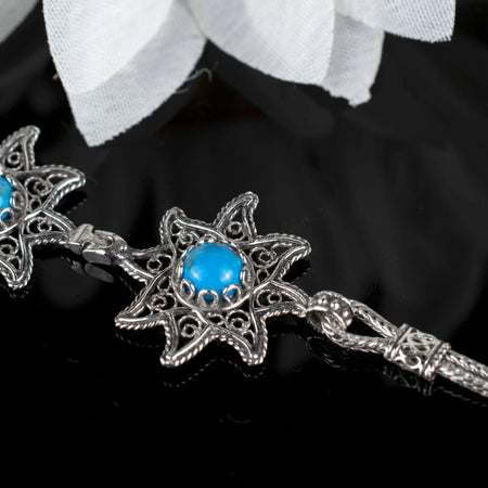 Filigree Art Turquoise Gemstone Star Figured Women Silver Link Bracelet - Drakoi Marketplace