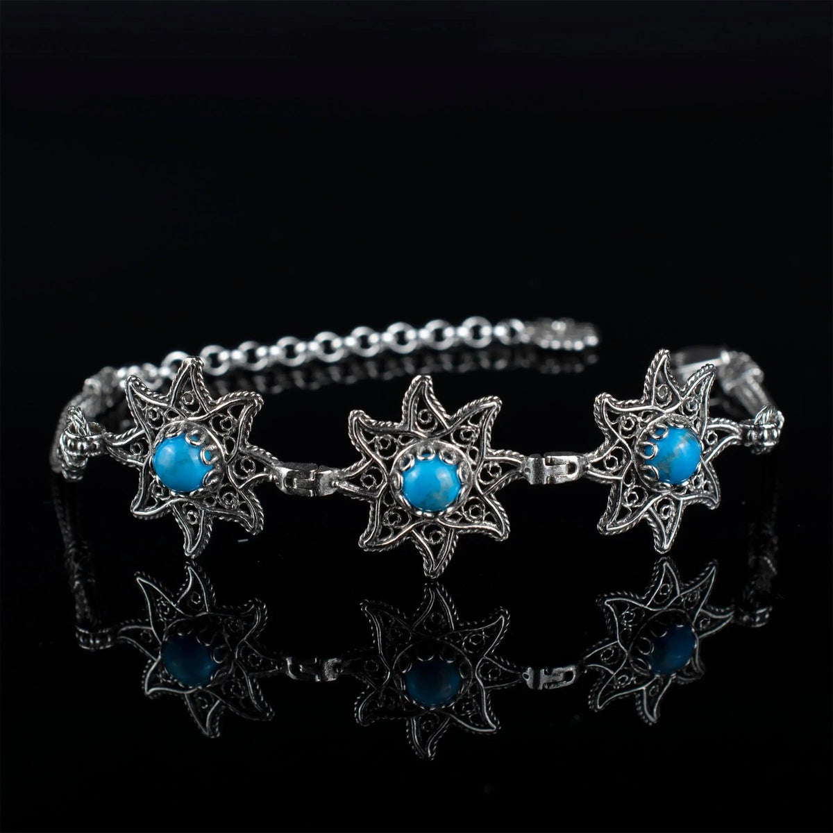 Filigree Art Turquoise Gemstone Star Figured Women Silver Link Bracelet - Drakoi Marketplace