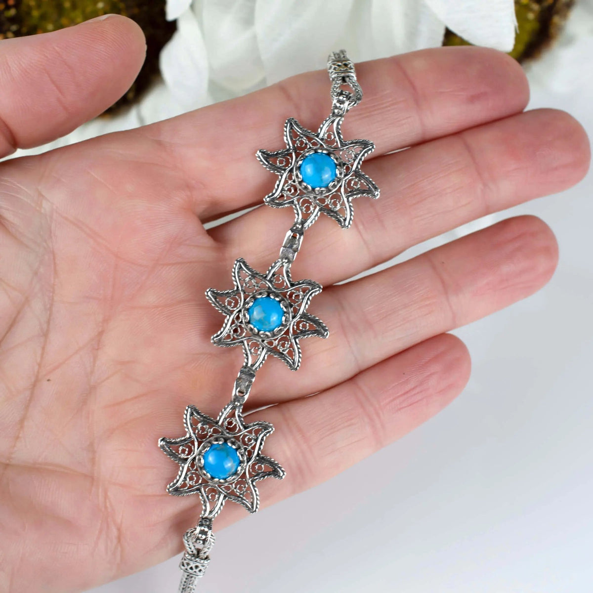 Filigree Art Turquoise Gemstone Star Figured Women Silver Link Bracelet - Drakoi Marketplace