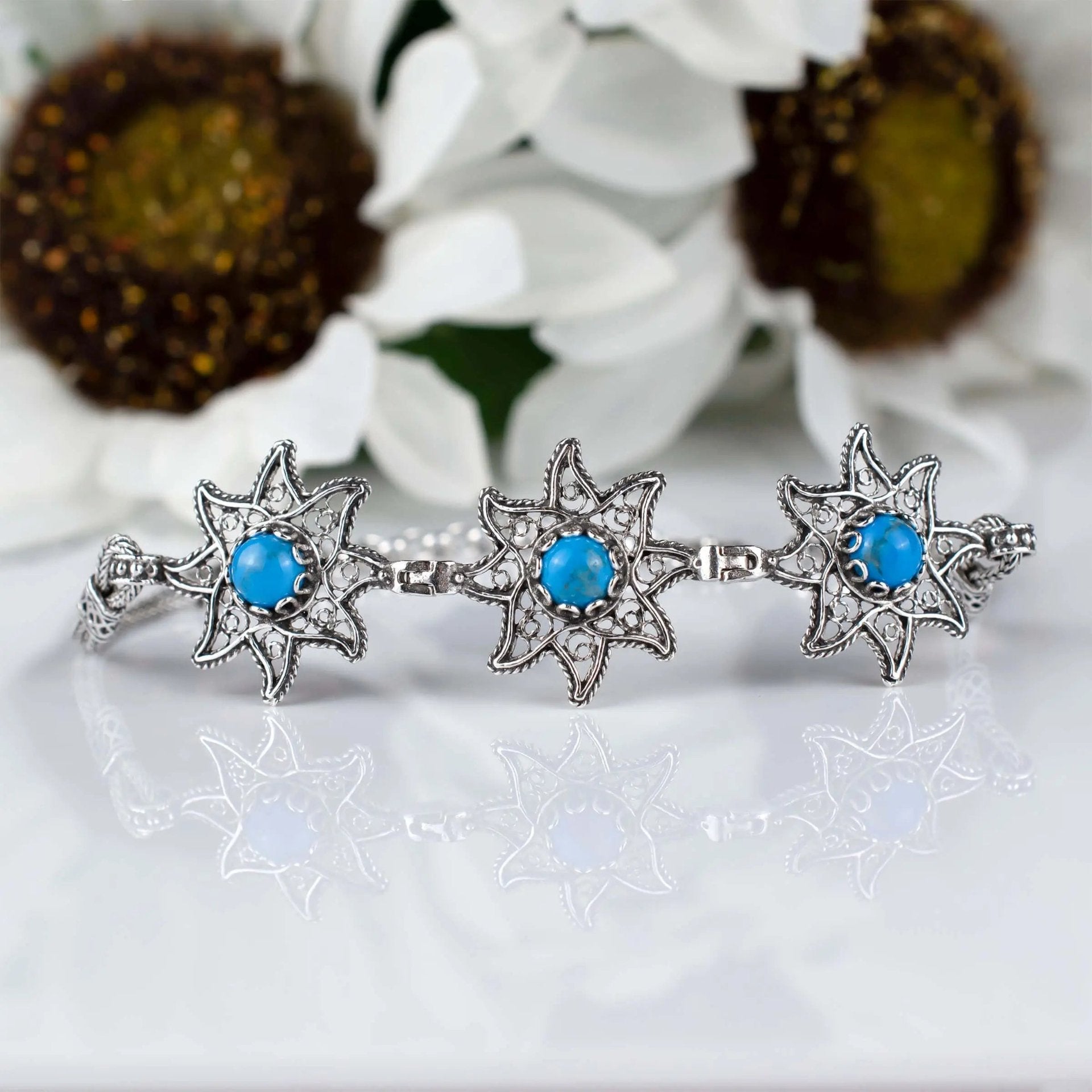 Filigree Art Turquoise Gemstone Star Figured Women Silver Link Bracelet - Drakoi Marketplace