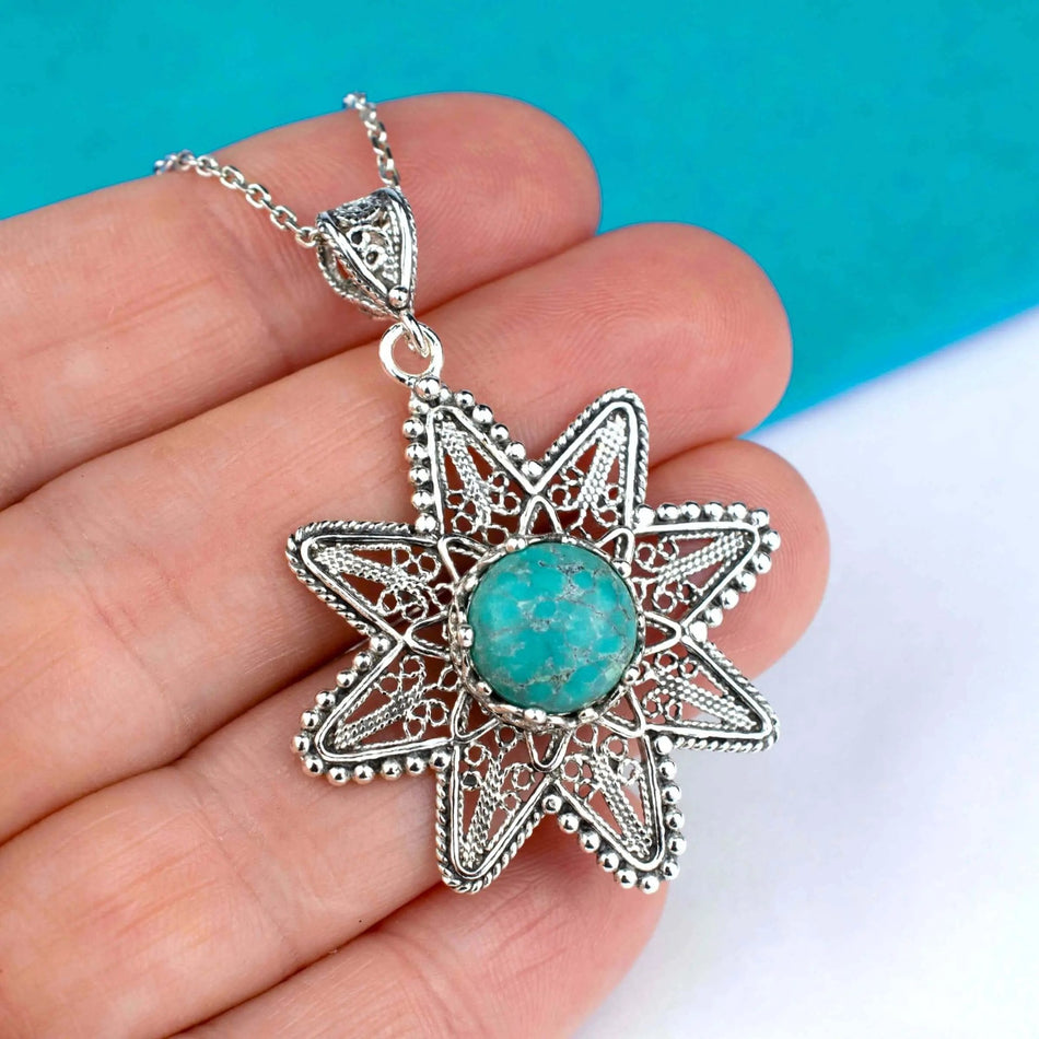 Filigree Art Turquoise Gemstone Sunflower Design Women Silver Pendant Necklace - Drakoi Marketplace