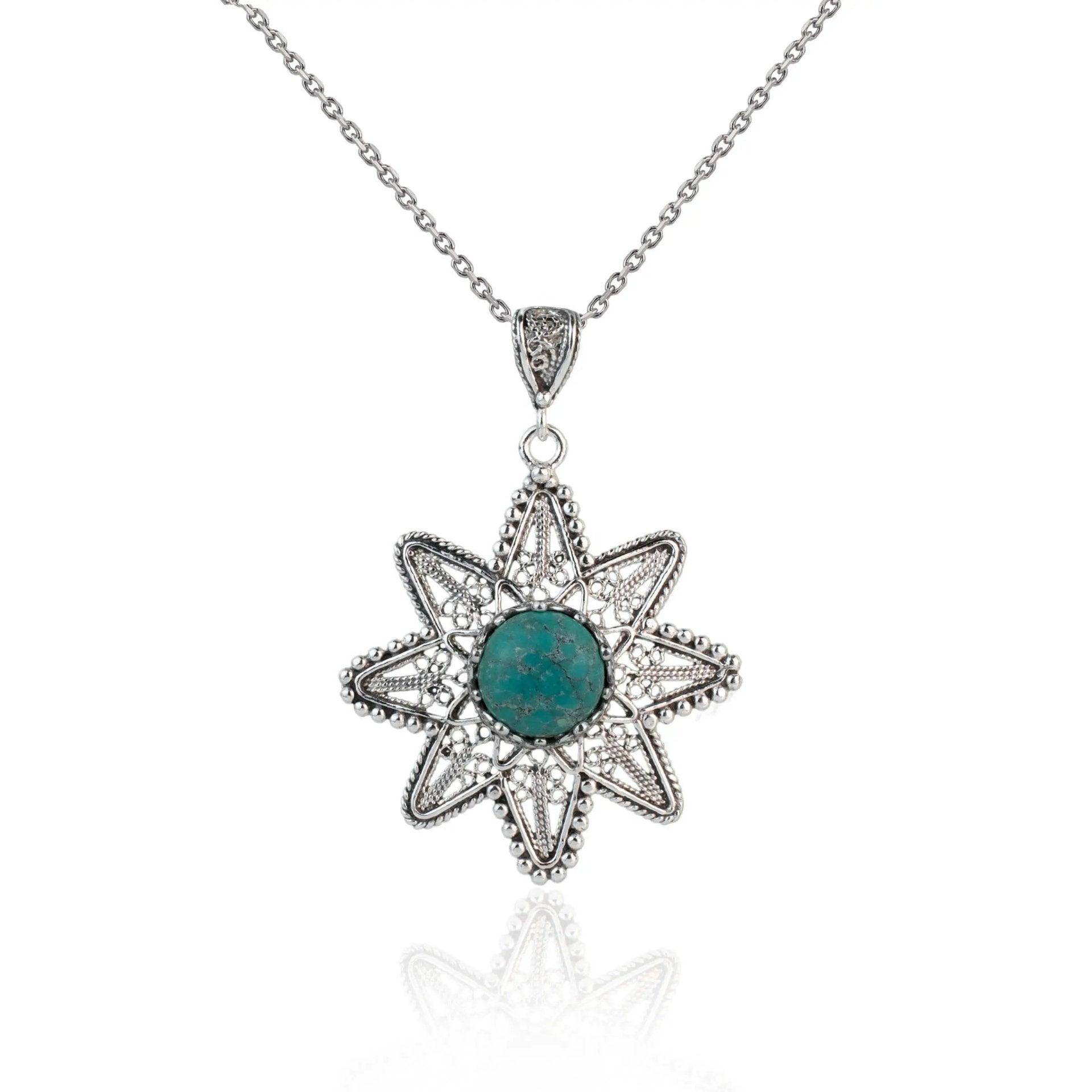 Filigree Art Turquoise Gemstone Sunflower Design Women Silver Pendant Necklace - Drakoi Marketplace