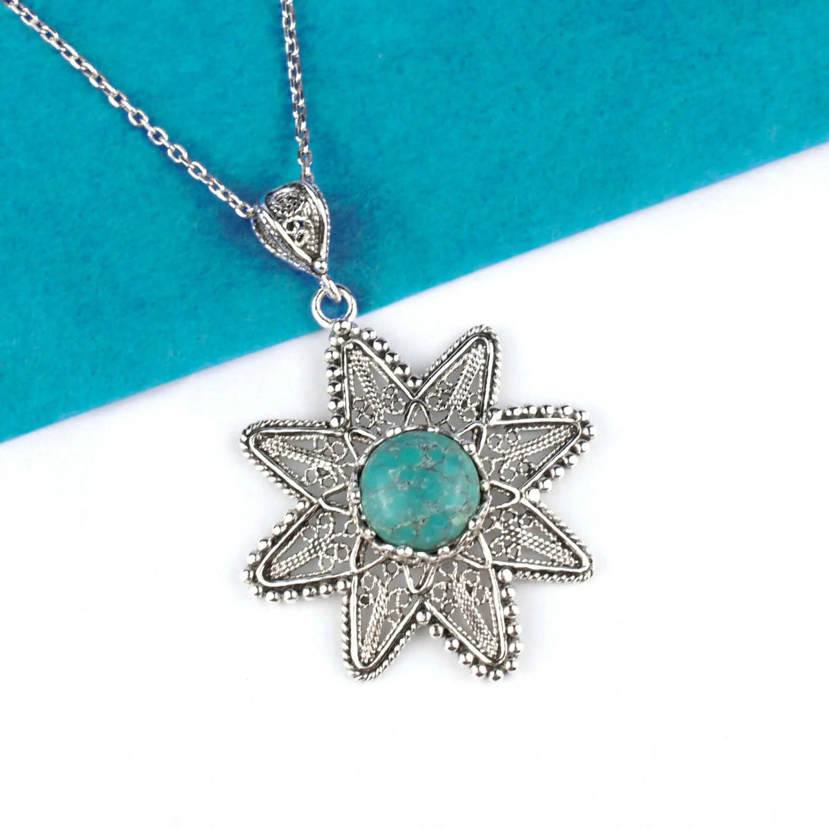 Filigree Art Turquoise Gemstone Sunflower Design Women Silver Pendant Necklace - Drakoi Marketplace