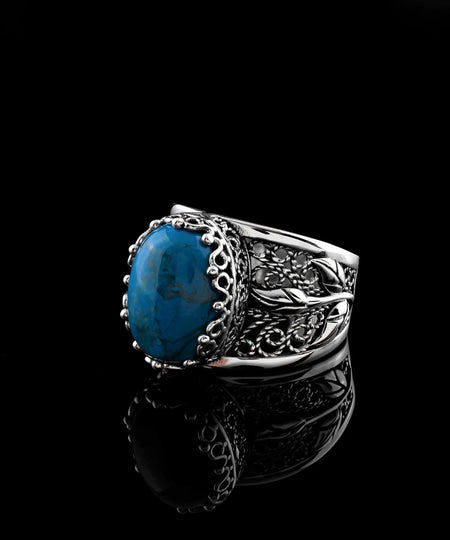 Filigree Art Turquoise Gemstone Tulip Detailed Silver Women Statement Ring - Drakoi Marketplace