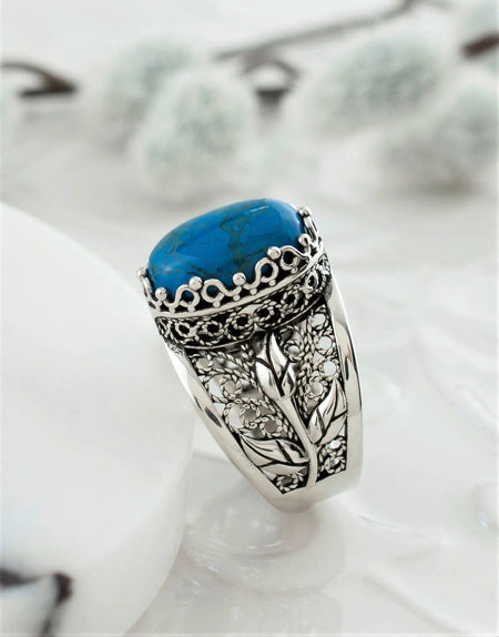 Filigree Art Turquoise Gemstone Tulip Detailed Silver Women Statement Ring - Drakoi Marketplace