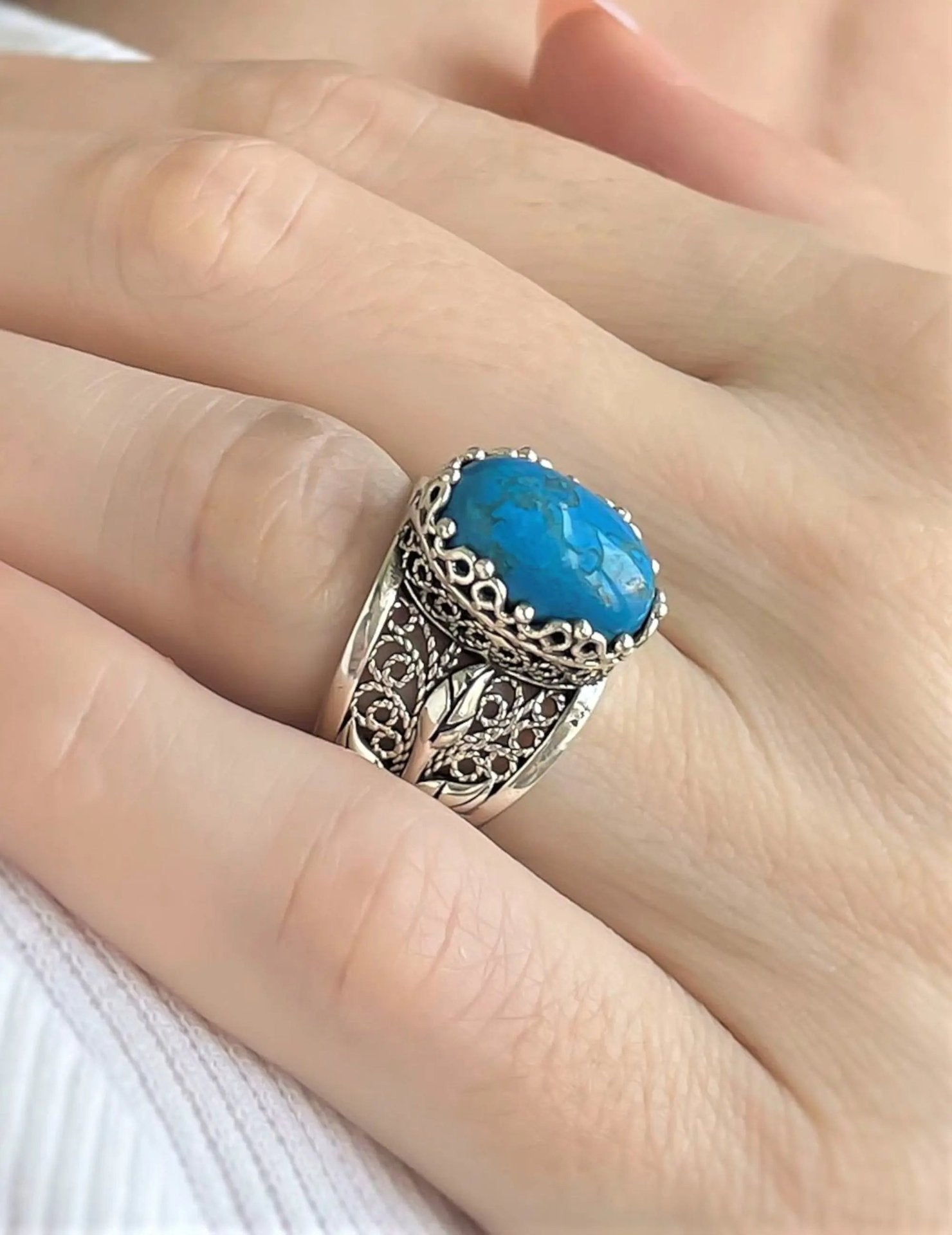 Filigree Art Turquoise Gemstone Tulip Detailed Silver Women Statement Ring - Drakoi Marketplace