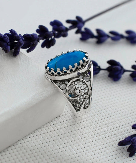 Filigree Art Turquoise Gemstone Women Oval Silver Cocktail Ring - Drakoi Marketplace