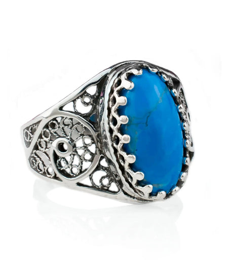 Filigree Art Turquoise Gemstone Women Oval Silver Cocktail Ring - Drakoi Marketplace