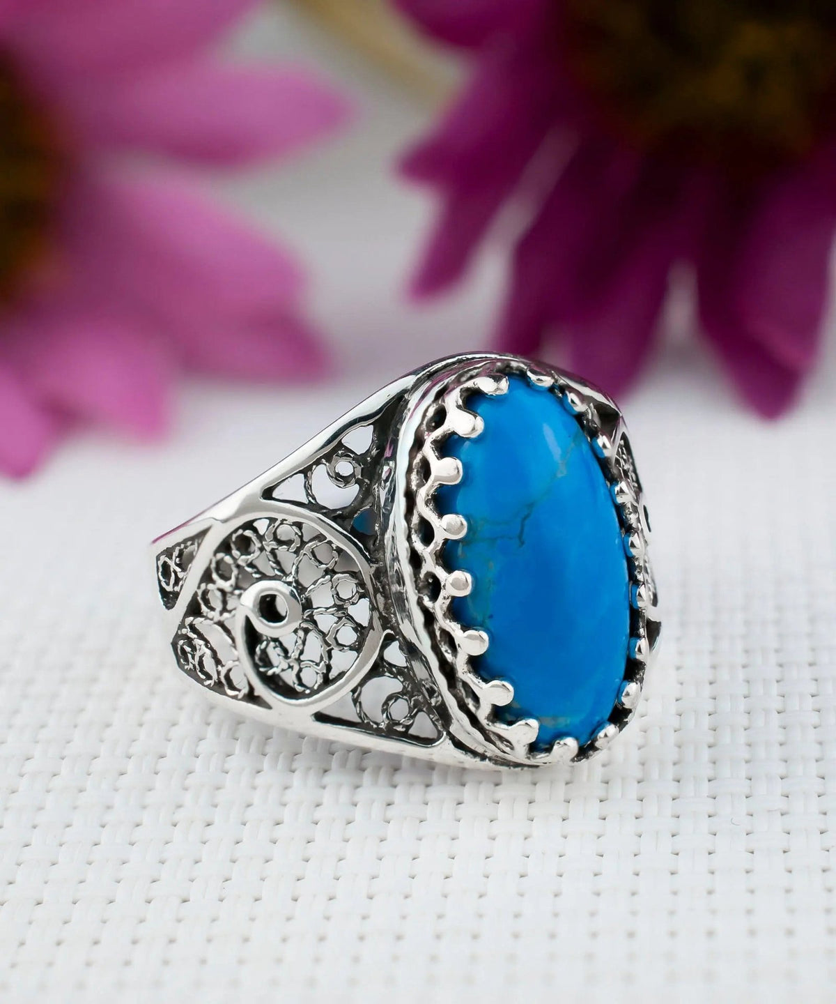 Filigree Art Turquoise Gemstone Women Oval Silver Cocktail Ring - Drakoi Marketplace