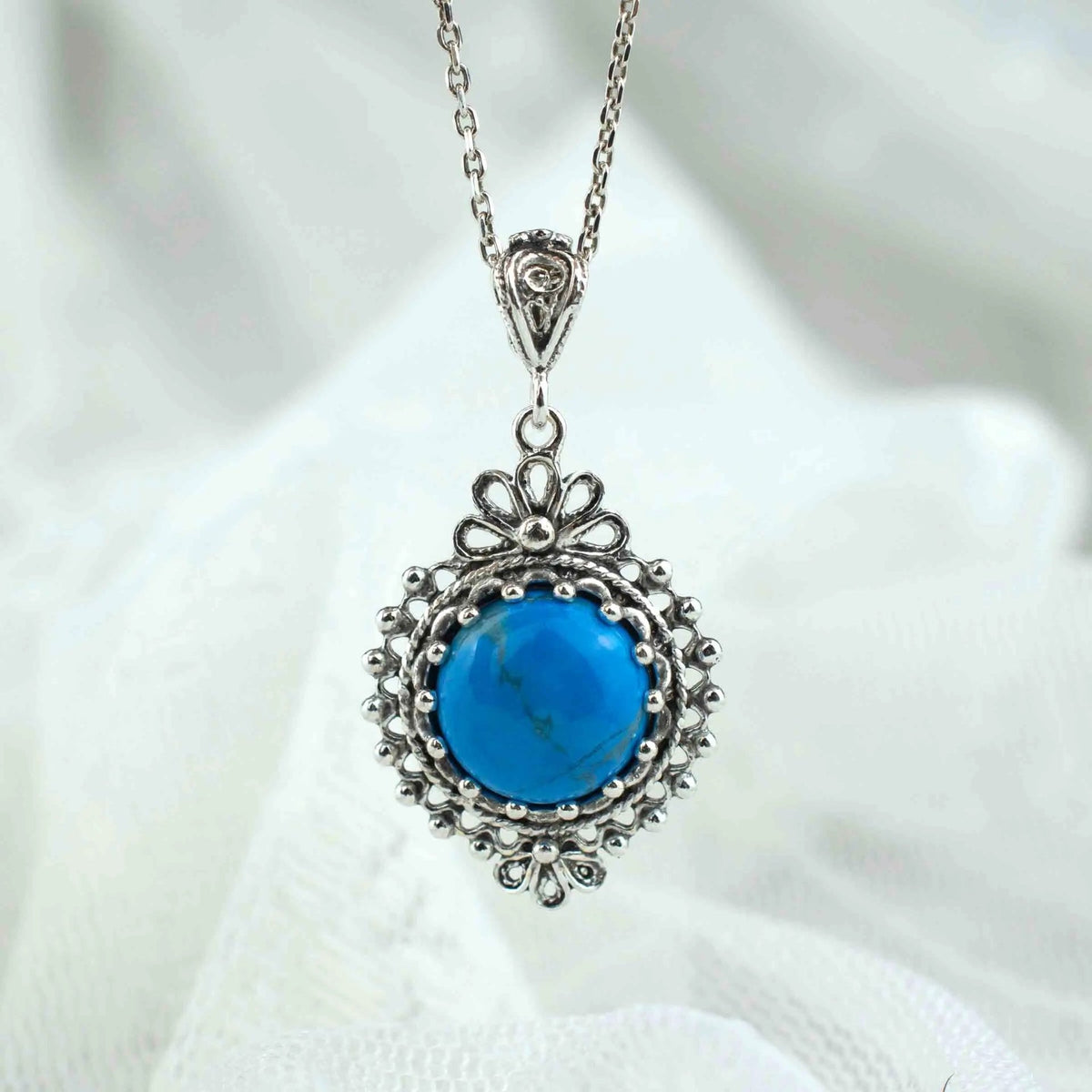 Filigree Art Turquoise Gemstone Women Silver Boho Pendant Necklace - Drakoi Marketplace