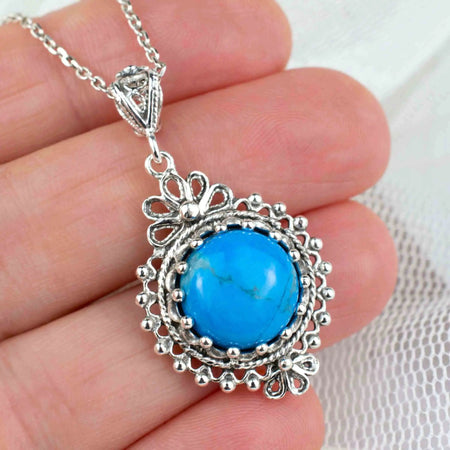 Filigree Art Turquoise Gemstone Women Silver Boho Pendant Necklace - Drakoi Marketplace