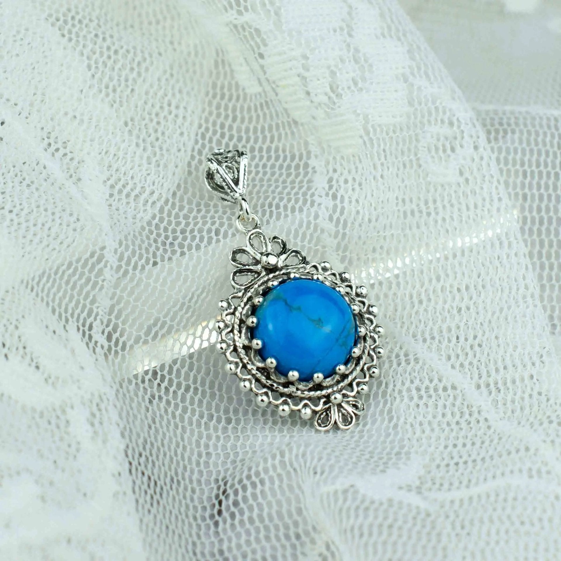 Filigree Art Turquoise Gemstone Women Silver Boho Pendant Necklace - Drakoi Marketplace