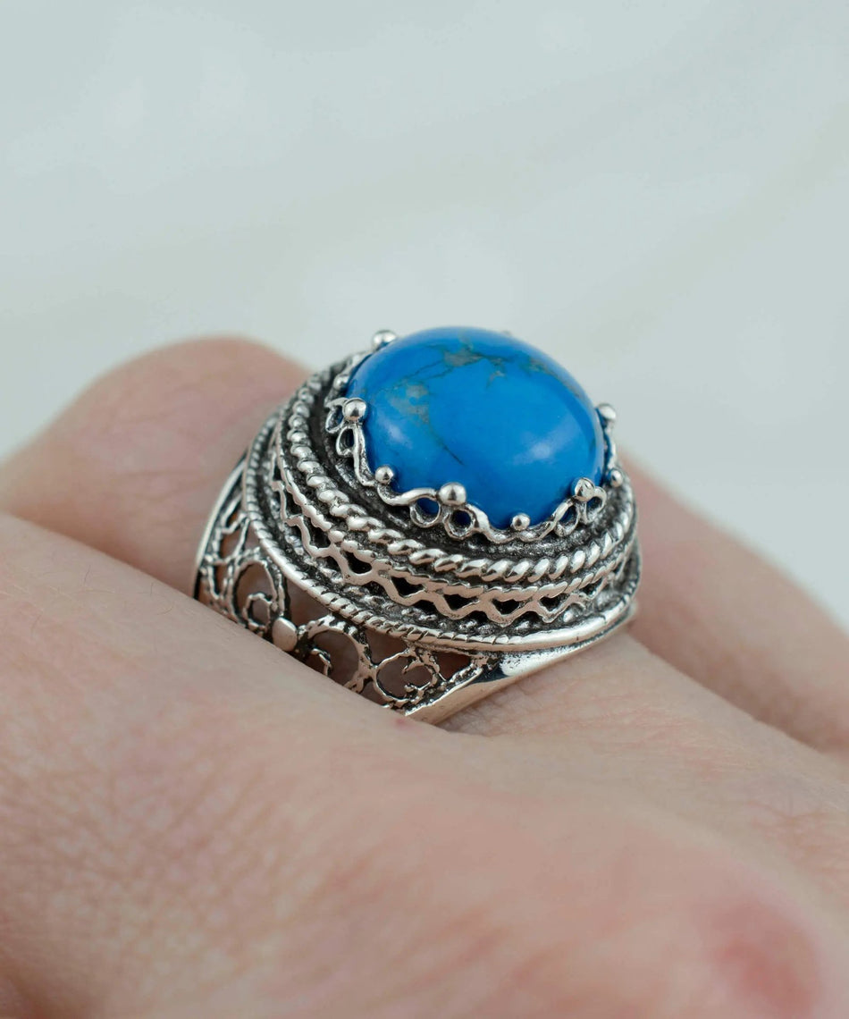 Filigree Art Turquoise Gemstone Women Silver Bold Ring - Drakoi Marketplace