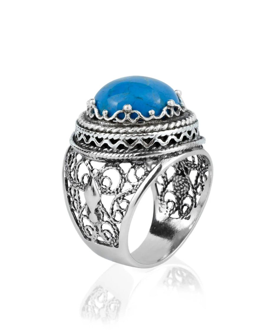 Filigree Art Turquoise Gemstone Women Silver Bold Ring - Drakoi Marketplace