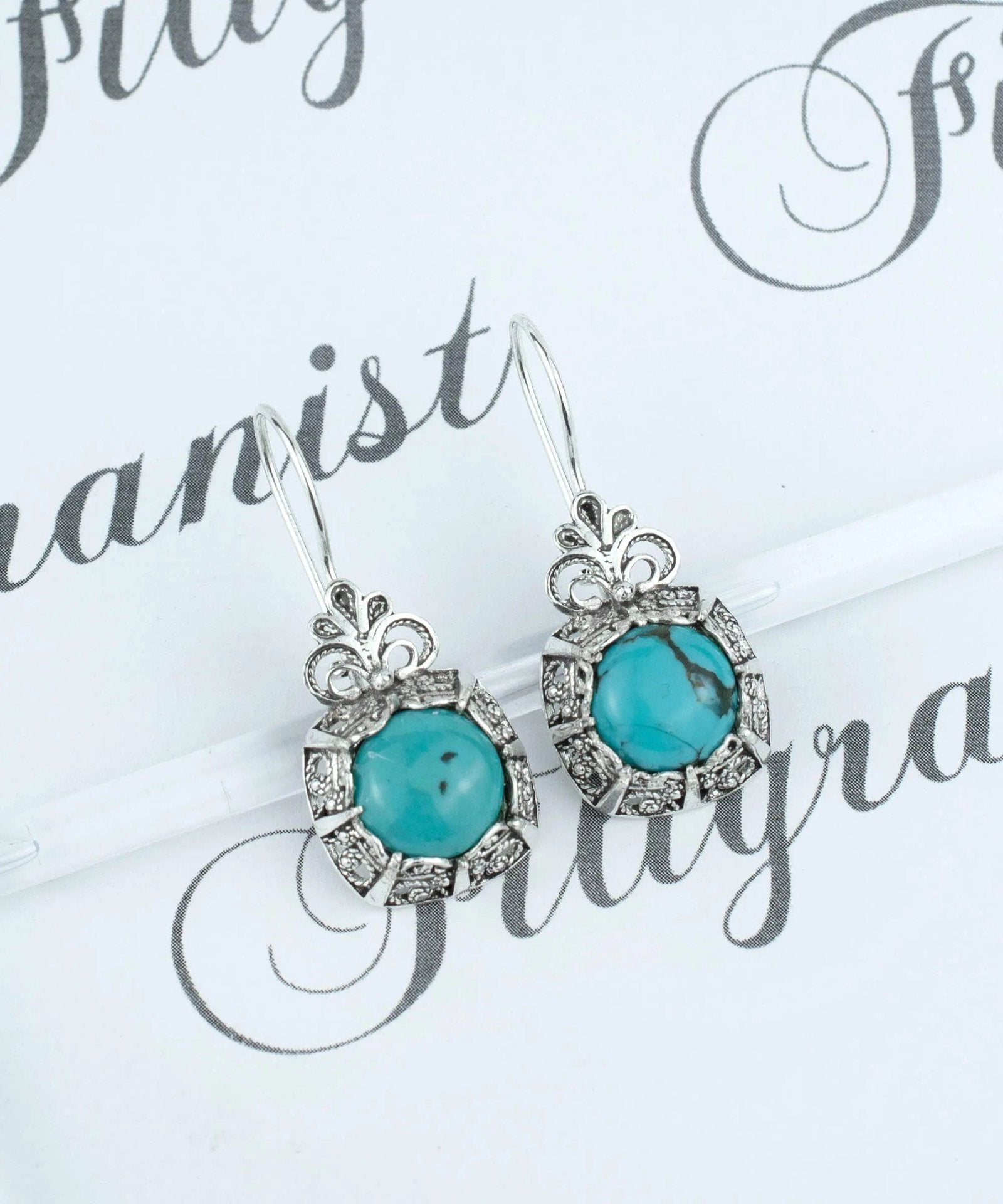 Filigree Art Turquoise Gemstone Women Silver Drop Earrings - Drakoi Marketplace