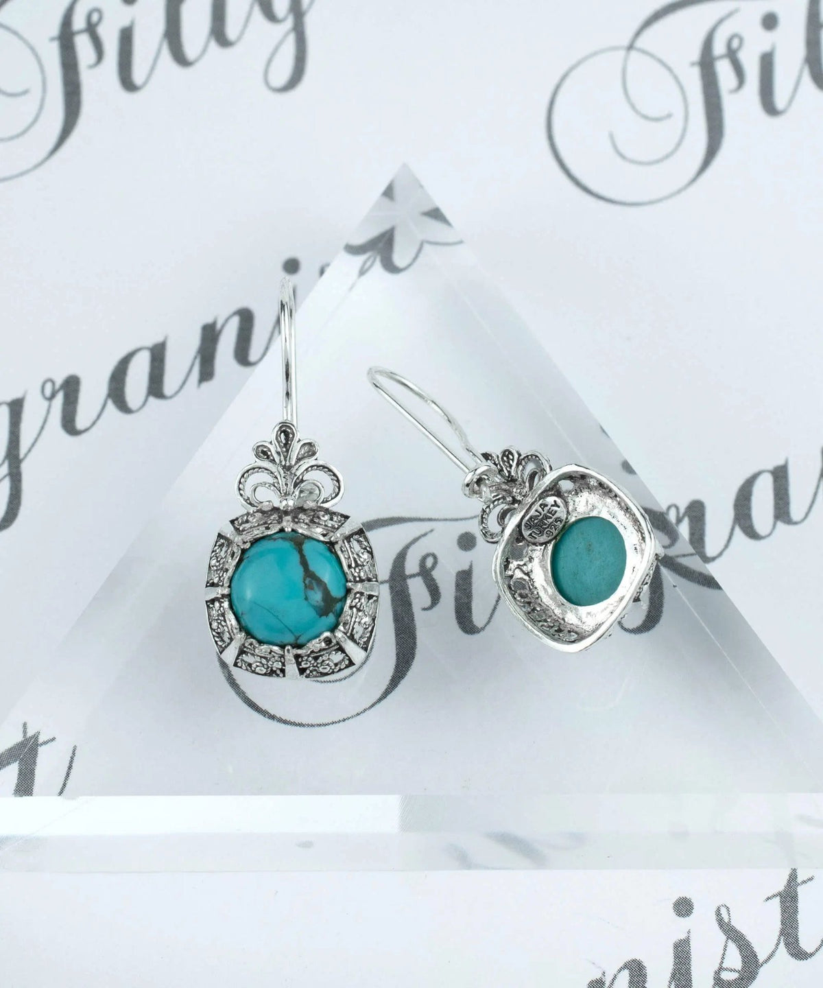 Filigree Art Turquoise Gemstone Women Silver Drop Earrings - Drakoi Marketplace