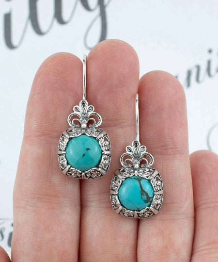 Filigree Art Turquoise Gemstone Women Silver Drop Earrings - Drakoi Marketplace