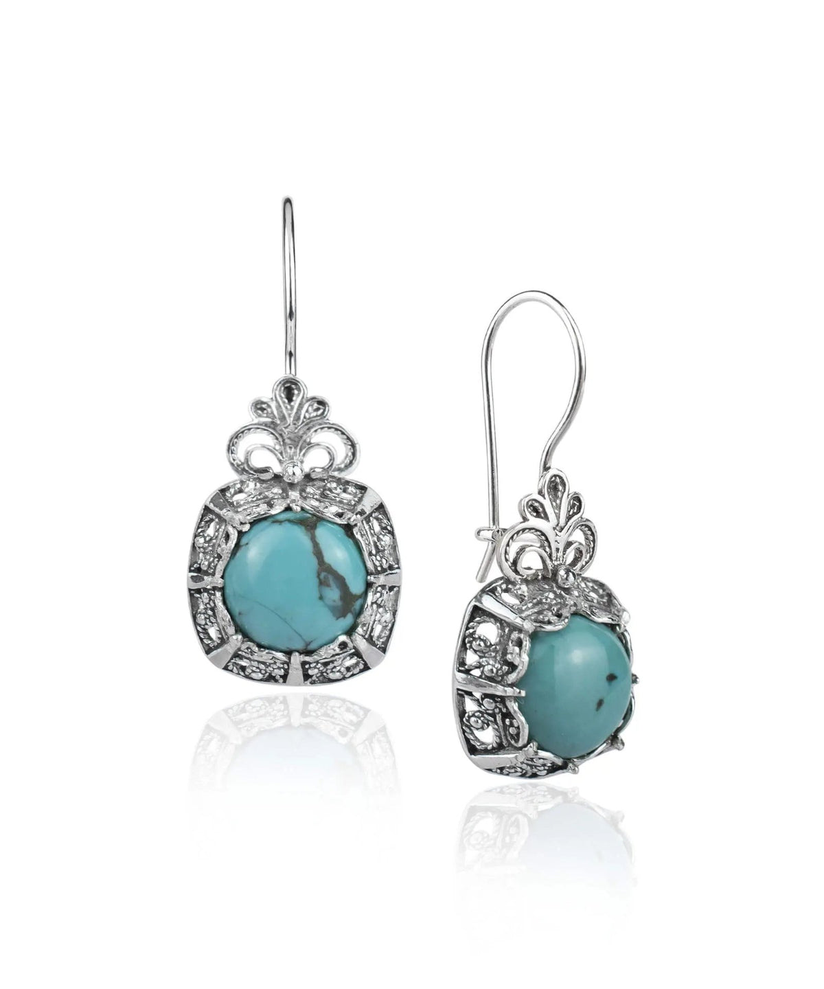 Filigree Art Turquoise Gemstone Women Silver Drop Earrings - Drakoi Marketplace