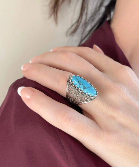 Filigree Art Turquoise Gemstone Women Silver Long Statement Ring - Drakoi Marketplace