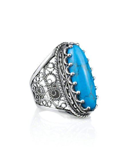 Filigree Art Turquoise Gemstone Women Silver Long Statement Ring - Drakoi Marketplace