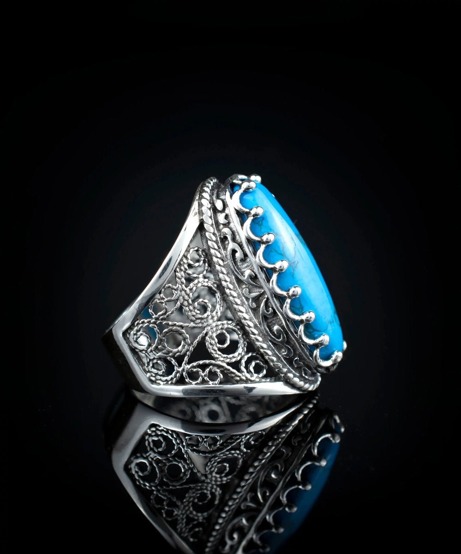 Filigree Art Turquoise Gemstone Women Silver Long Statement Ring - Drakoi Marketplace