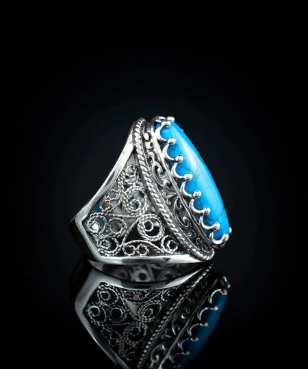 Filigree Art Turquoise Gemstone Women Silver Long Statement Ring - Drakoi Marketplace